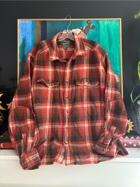 Woolrich Red Brown Plaid Cotton Flannel Shirt XL/TG Outdoor Grunge